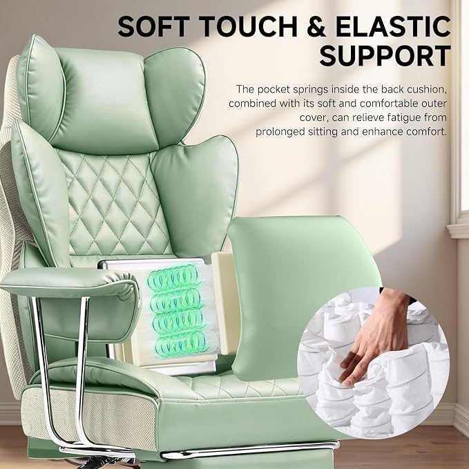 COMHOMA Big and Tall Office Chair, High Back Leather Gaming Chair with Footrest, Executive Ergonomic Office Chairs with Pocket Spring Lumbar Support and with Outward Fixed Soft Armrests - Image 4