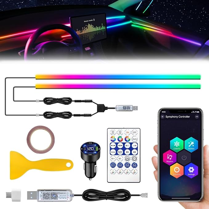 Dreamcolor Acrylic Interior Car LED Strip Light with USB/Type C/4-Port Cigarette Lighter, RGB 2 in 1 with 110.2 inches LEDs Ambient Lighting Kits, Sound Active Function Neon Led Strips for Car by MAODANER