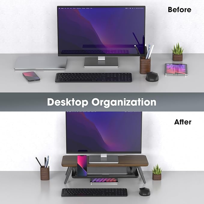 Fenge Monitor Stand Riser, Wooden Desk Shelf with 2-Tier Storage | 23.6-Inch Wide, Sturdy Aluminum Legs, Built-In Phone & Tablet Slot, Desktop Organizer for Office Accessories - Image 7