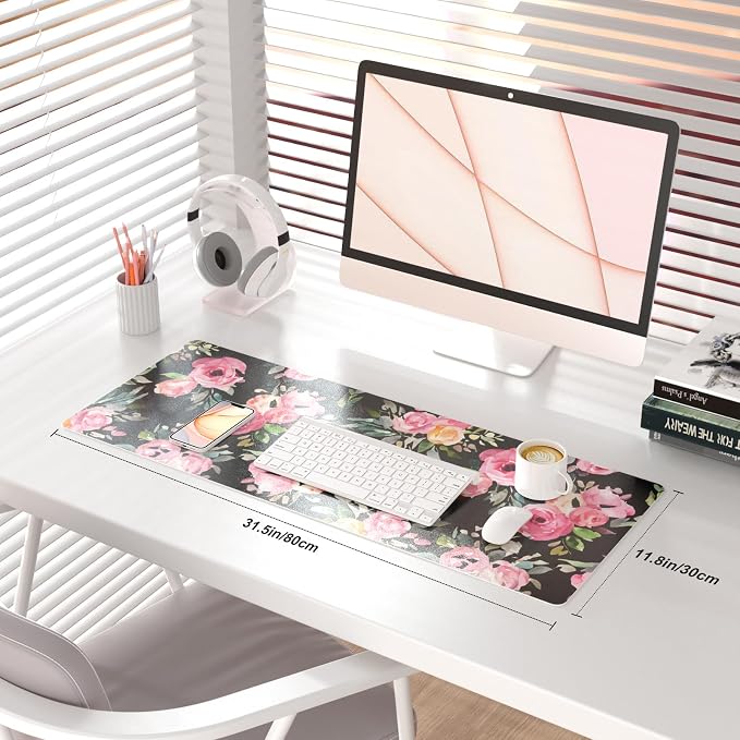 QiyI PU Leather Large Mouse Pad, Office Décor, 31.5" x 11.8", Pink Flowers | Desk Décor Accessories, Extended Size, Waterproof & Easy to Clean, Smooth Surface, Non Slip Desk Organization - Image 2