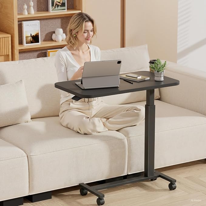 GTPLAYER Small Standing Desk with Lockable Wheels, Pneumatic Mobile Rolling Laptop Desk,Adjustable Height Overbed Bedside Table Computer Workstation for Home Office (28" W x 16" D, Black) - Image 2