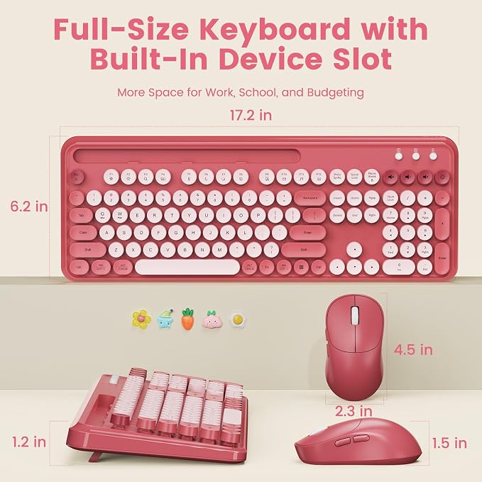 Wireless Keyboard and Mouse Combo, Retro Round Keycaps, Full-Size Stylish Typewriter Keyboard with Large Phone/Tablet Holder, 3-Level DPI Ergonomic Mouse, 2.4GHz Cordless for Windows PC, Rose Pink - Image 8