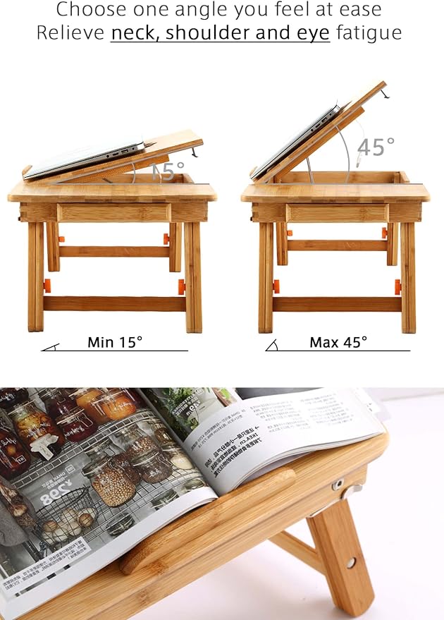 Nnewvante Bamboo Laptop Desk for Bed with Tilting Top, Drawer 21.6 x 13.8In - Image 6