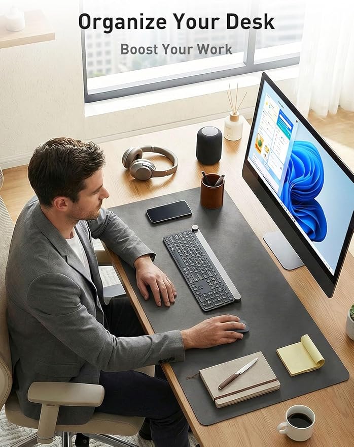 Aothia Faux Leather Desk Mat - Non-Slip PU Leather Desk Blotter, Waterproof Writing Surface, Large Desk Pad for Office & Home (Grey, 55" x 17") - Image 3