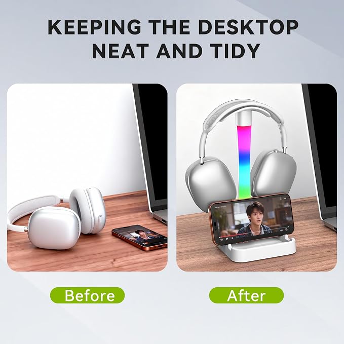 Headphone Stand with Charger,Gaming Headset stand with RGB Light Mode,For Airpod Max Stand,Desk Lamp,Phone Holder,Tablet Holder,desktop organizer,Gifts for Gamers & Music Lover (White) - Image 5