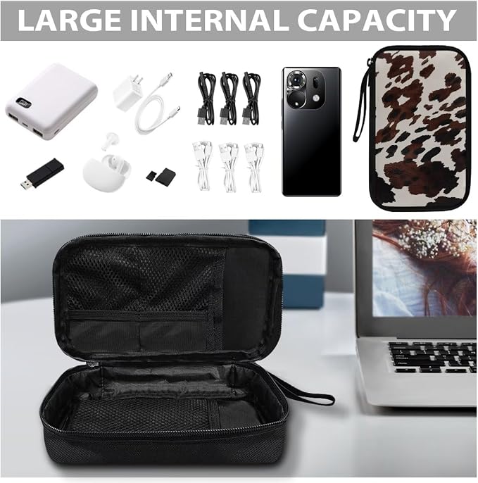Cow Print Electronic Organizer Travel Cable Organizer Storage Bags for Data Cables, USB C Charger, SD Card, Hard Drive, Charging Cord, Mouse, Power Bank - Image 7