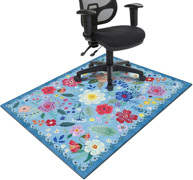Office Chair Mat for Hardwood & Tile Floor,Boho Floral 36"x48" Computer Chair Mat for Rolling Chairs Carpet,Under Desk Non Slip Gaming Rug,Low-Pile Rubber Backing Large Protector Mat(Blue) by puwbnhj