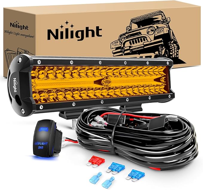 Nilight Led Light Bar 12 Inch Amber 300W Spot Flood Combo Waterproof Triple Rows Off Road Fog Light with 5Pin Rocker Switch Wiring Harness Kit-1 Lead by Nilight