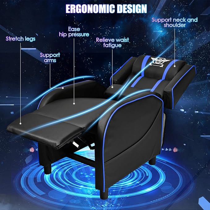 Giantex Gaming Recliner Chair, Adjustable Massage Gaming Chairs for Adults, Ergonomic Comfortable Lounge Leather Sofa w/Footrest, Remote Control & Side Pocket, Racing Style Single Sofa Recliners, Blue - Image 9