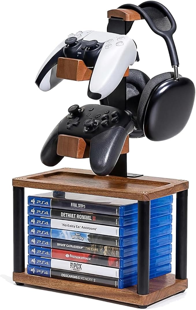 Solid Wood Controller Holder and Headphone Stand with Storage Base for Desk | Holds 1 Headset & 2 Controller - Gaming Equipment Accessories for PS5/Xbox/Switch and Headset Holder, Gamer Gift for Men by Miuudby