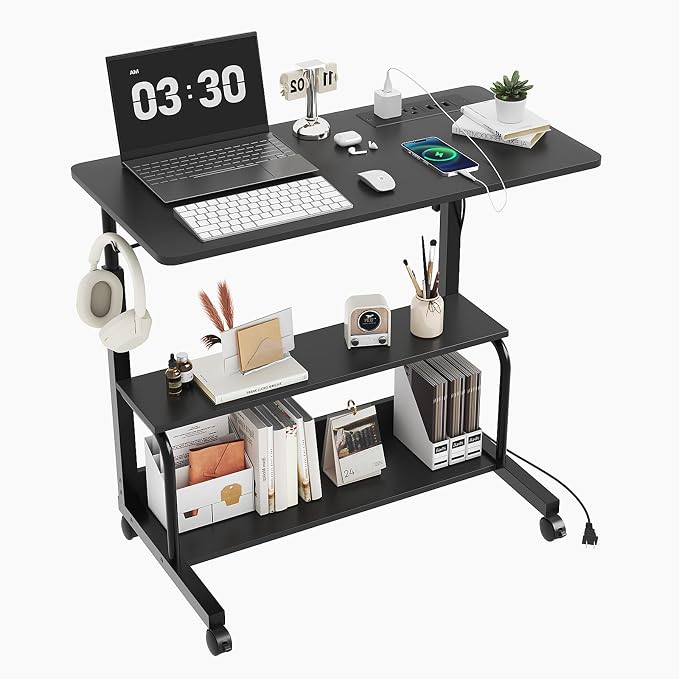 FCH 31.5" Mobile Small Standing Desk, Adjustable Height Mobile Computer Desk, w/2 AC Outlets + 3 USB Ports & Hooks, Storage Shelves, Suitable for Gaming, Studying, Home Office, Black by FCH