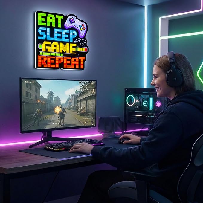 Eat Sleep Gaming Repeat LED Light Sign, Dimmable LED Gaming Room Decor Wall Light, Game Setup Room Sign for Bedroom, Neon Gaming Decor Neon Light, Gamer Gift for Teen Boys Men Boyfriend - Image 2