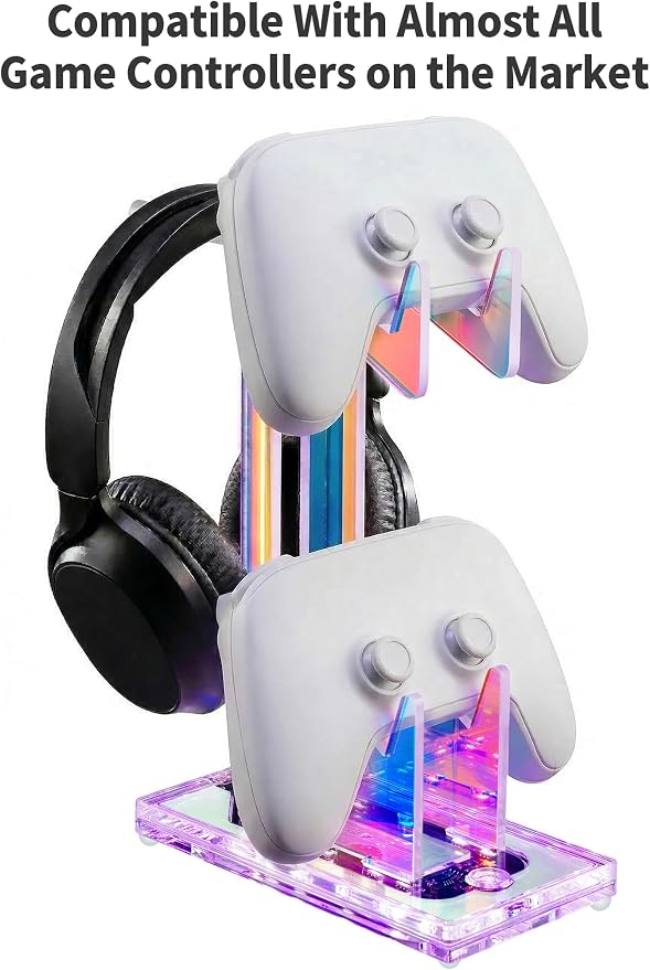 NiHome Controller Holder & Headphone Stand, LED Acrylic 2-Tier Gaming Desk | USB-Powered 7 Colors 3 Modes, Anti-Slip Headset Cable Management, Gamer Gift For PS5 Xbox - Image 5