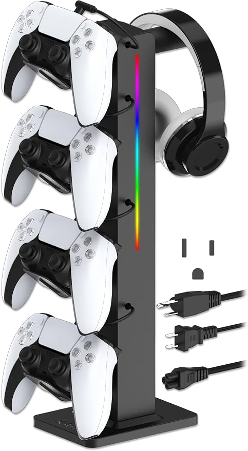 KAFRI RGB Gaming Headphone Stand with Controller Holder, Desk Organizer with Retractable Charger Cable, 2 AC Outlets & 4 Type-C Charging Ports, PC Gaming Accessories for Headset & Controller (Black) by Unknown