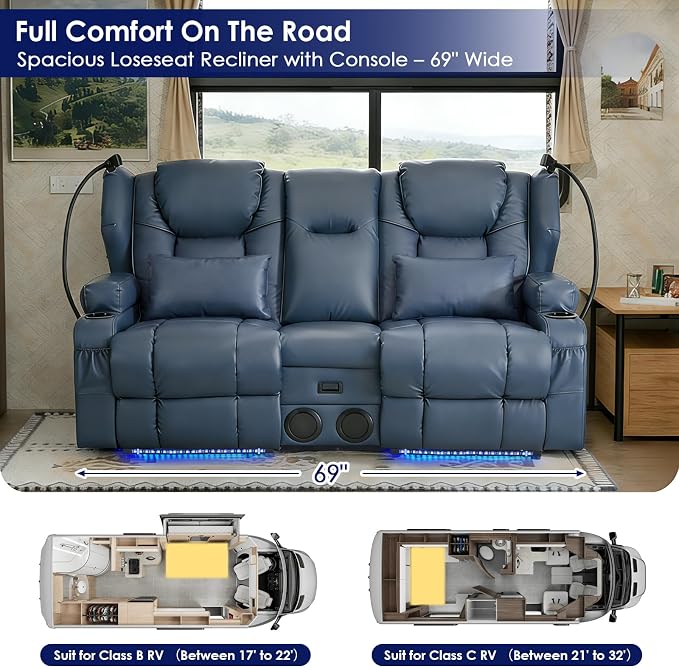 Redlife Power Loveseat Recliner Sofa with Console, Blue LED Lights - Image 8