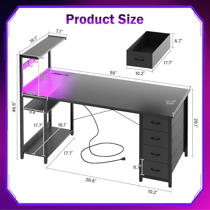 55in Gaming Computer Desk with Drawers & Storage Shelf & Iron Hook, Black - Image 3
