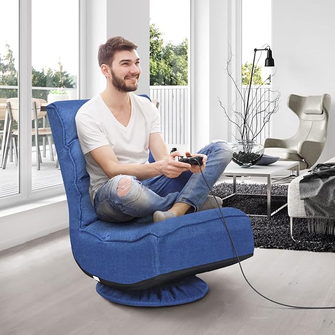 GIANTEX 360 Degree Swivel Gaming Chair, 6 Position Adjustable (Blue) | Folding Floor Chair, 300lb Spring Support, Comfortable Padded Backrest, Lazy Sofa Chair Game Rocker for Teens Adults - Image 2