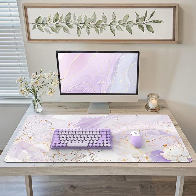 iCasso Desk Cover Mat, Extra Large Lotus Mouse Pad, Purple Lotus Leaf | Desk Pad Mat, Office Matt for Desktop Protector, Anti-Slip XXL Big Mousepad with Stitched Edges for Laptop Computer Keyboard by iCasso