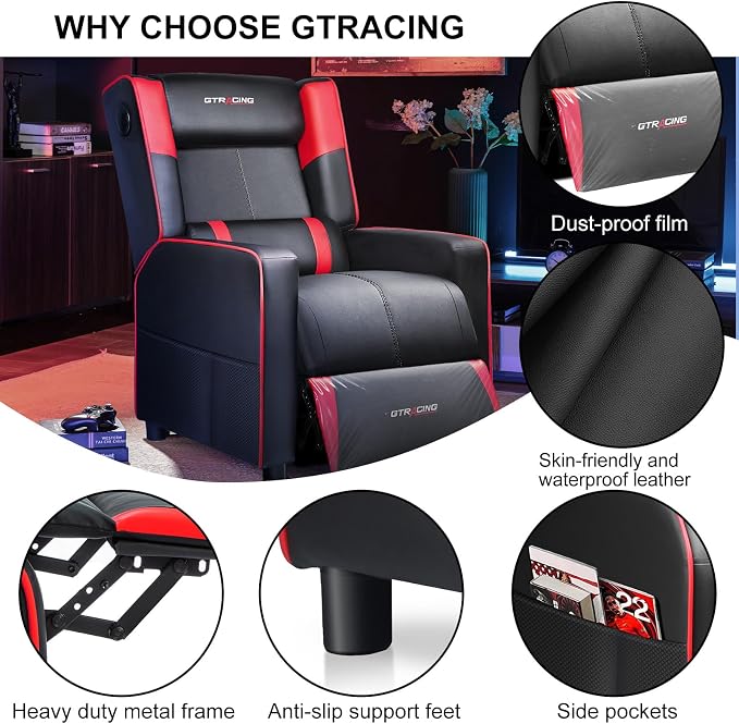 GTRACING Gaming Recliner Chair for Living Room Racing Style Single PU Leather Gaming Sofa for Adults Modern Game Recliners Ergonomic Comfortable Home Theater Seating, Red - Image 4