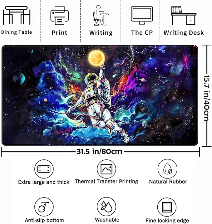 Astronaut Desk Space Mouse Pad for Boys - Galaxy Gaming Mouse Pad, 31.5x15.7in, Stitched Edges - Image 2