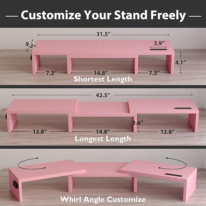 BONTEC Dual Monitor Stand Riser, Adjustable Length & Swivel Angle, Pink | Ergonomic Wooden Desktop Organizer with Smartphone Holder, Computer Monitor Stand for PC, Laptop,Printer and Large Storage - Image 3