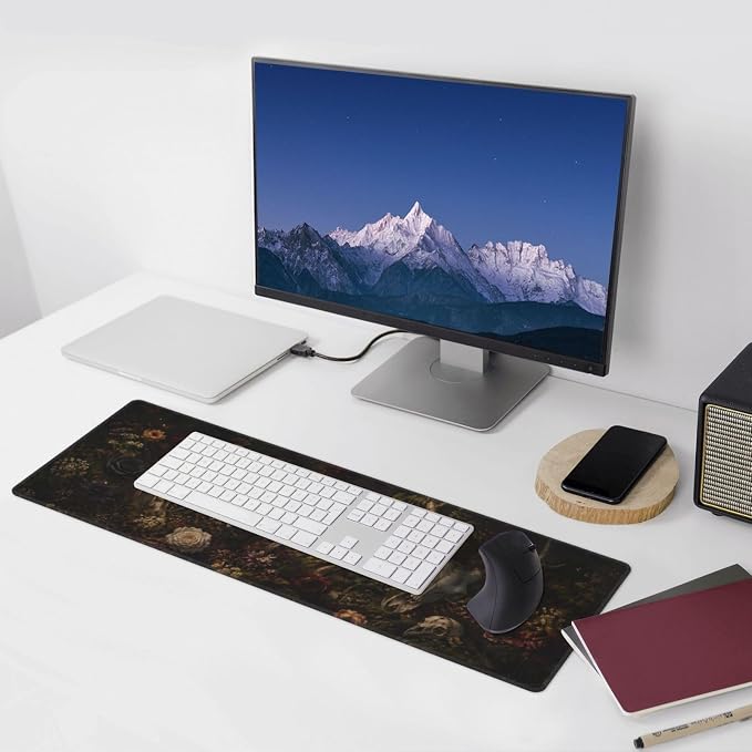 Dark Floral Skull Large Mouse Pad Desk Mat Non Slip Rubber Base Stitched Edges Office Gaming - Image 9