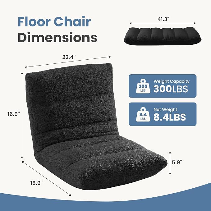 DUMOS Folding Floor Chair, 14-Position Adjustable Backrest Floor Seating | 5.9'' Thick Cushion Floor Seat with Teddy Velvet and Steel Frame for Adults, Kids, Reading, Meditation, Viedo Game, Black - Image 3