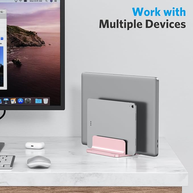 OMOTON Dual Vertical Desk Laptop Stand Holder, Fits MacBook Air, Rose Gold - Image 8