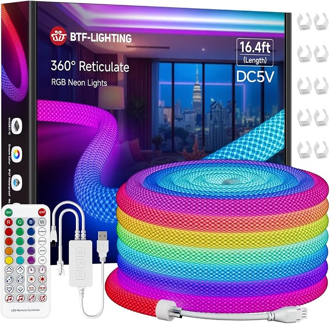 BTF-LIGHTING 16.4FT WS2812B IC RGB Addressable Neon Rope Strip Kit DC5V by BTF-LIGHTING