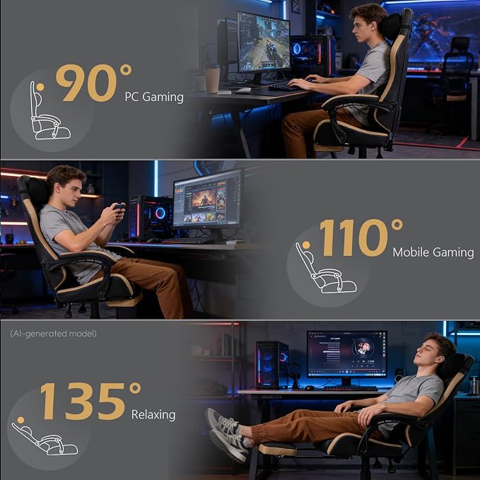 Ergonomic Gaming Chair for Adults with Footrest - PU Leather Computer Gamer Chair with Memory Foam Headrest & Lumbar Pillow, Reclining Silla Gamer Video Game Chair for Home Office, Black & Yellow - Image 9