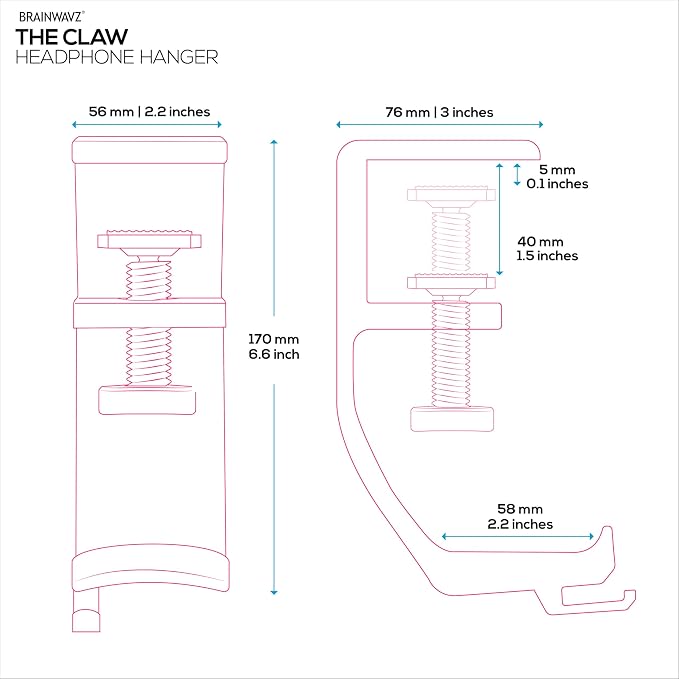 BRAINWAVZ Claw - Under Desk Headphone Hanger Stand, Screw in Place, Easy to Install with Adjustable Mounting Clamp, Suitable for All Headsets, Black - Image 6