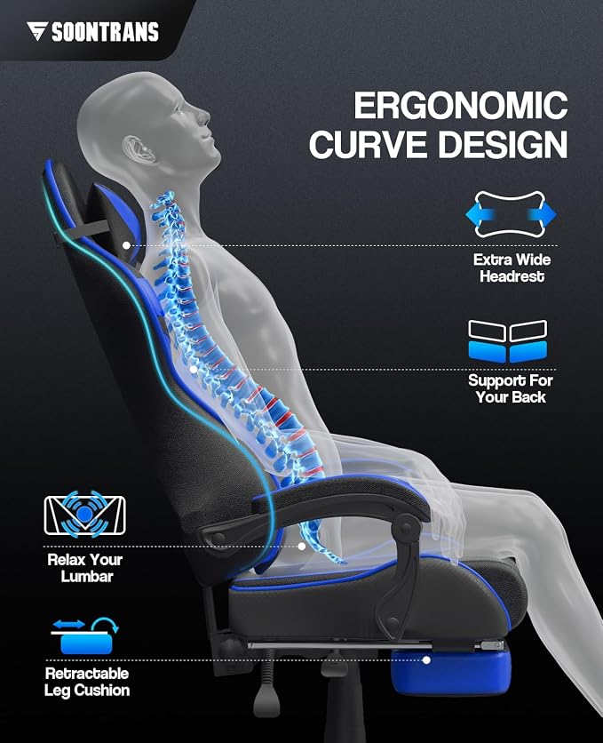 Soontrans Gaming Chair with Footrest,Computer Office Chair, Ergonomic Gamer Chair with Height Adjustment,Headrest and Lumbar Support Gamer Chair(Storm Blue) - Image 6