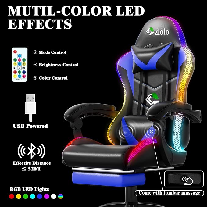 Czlolo Gaming Chair, Racing Style RGB LED Lights Gaming Chairs for Adults and Kids, Lumbar Massager Gamer Chair, High Back Reclining Computer Chair with Footrest and Headrest (Black/Blue) - Image 4