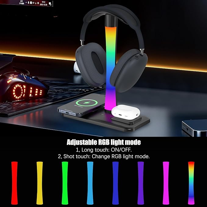 Headphone Stand with Wireless Charger,Gaming Headset stand with RGB Light Mode,For Airpod Max Stand Compatible with Airpod Pro/3/2,For iPhone 17/16/15/14/13/12/11,Gifts for Gamers & Music Lover(Black) - Image 5