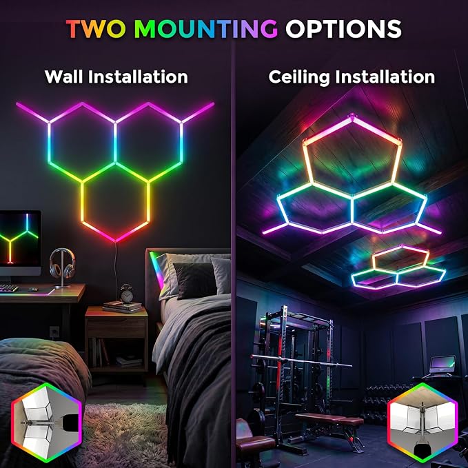 RGB Hexagon Garage Lights 3 Hex, Duplex Signal RGB Led Hexagon Lights with Music Sync Mode, Easy Setup RGB Ceiling Lights for Garage, Gym, Gaming Room, Studio, Party, Bar - Image 6