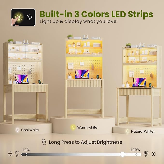 Lvifur LED Writing Desk with Hutch and Pegboard and Power Outlet (Natural) | Compact Study Desk with Display Shelf, 3 Color Lights, Adjustable Brightness, USB/Type-C&2 AC Outlets, Drawer wtih Metal Rail - Image 3