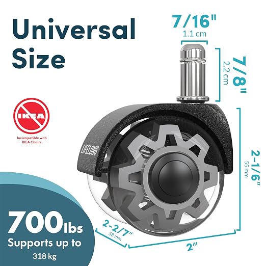 Lifelong 2Inch Office Chair Wheels Replacement, Heavy Duty, Grey, 5-Pack | Rubber Caster, Desk Wheels, Smooth & Quiet, Safe for Hardwood Floors & Carpet, Replace Office Chair Mats, Fits 98% - Image 2