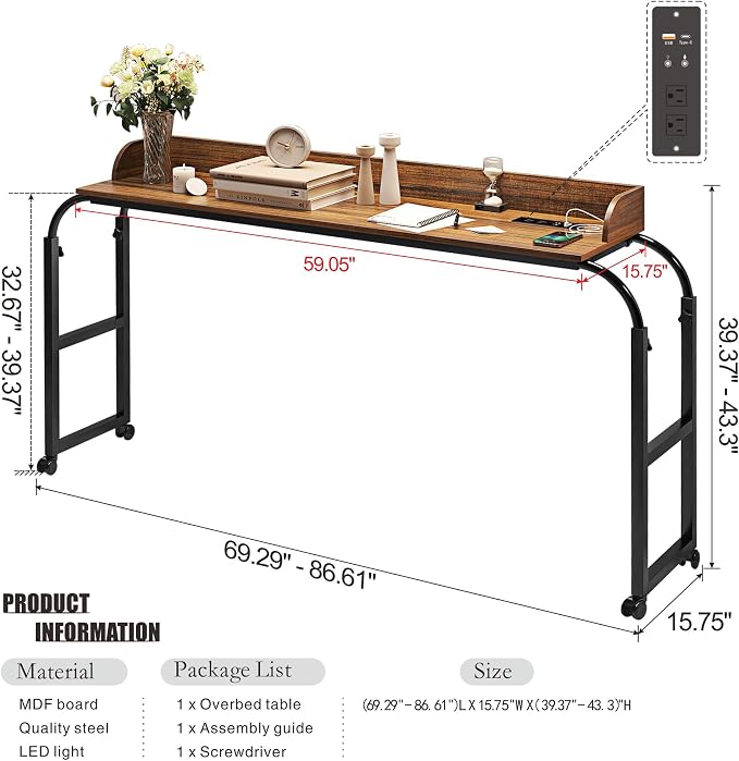 HWB Overbed Desk with Charging Station-Over Bed Table-Adjustable Length/Height with Wheels - Human Sensor LED Light Mobile Queen Size Bed Table Rolling Tray Table for Eating & Laptops, Brown - Image 2