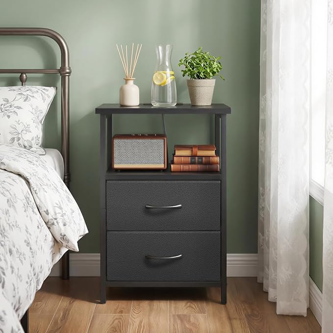 Fixwal Night Stand with Charging Station, 2 Fabric Drawers, Black - Image 5