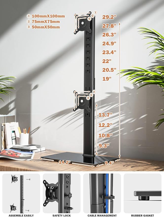 Dual Monitor Stand - Vertical Stack Screen Free-Standing Monitor Riser Fits Two 13 to 34 Inch Screen with Swivel, Tilt, Height Adjustable, Holds One (1) Screen Up to 44Lbs - Image 5