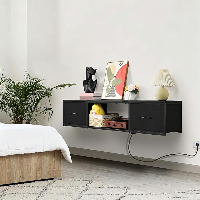 Floating TV Stand with Power Outlet, Wall Mounted Entertainment Center with Drawers, Rustic Brown Industrial Media Console Shelf for Living Room, Bedroom（Black） - Image 9