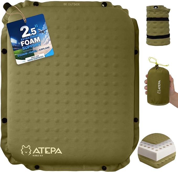 ATEPA Inflatable Seat Cushion | 2" & 2.5" Foam Core Seat Pad, Compact, Stadium, Airplane, Travel, Camping, Hiking, Sports Events, Self Inflating by ATEPA