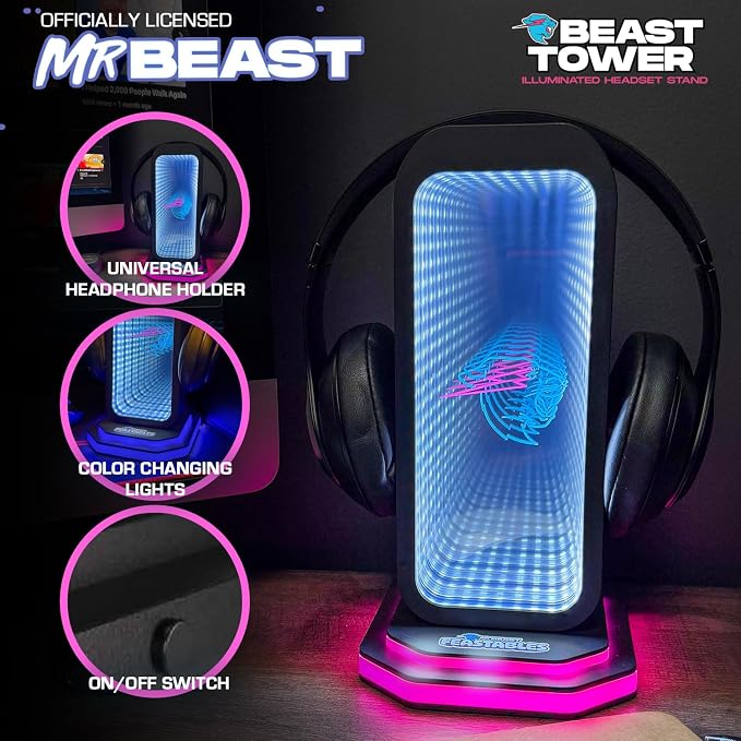 Feastables Beast Tower MrBeast Gaming Headphone Stand | RGB Light Display with Infinity Mirror Effect and Logo | Universal Headset Holder; USB Powered Desk Computer Accessory for Gamers and Streamers - Image 6