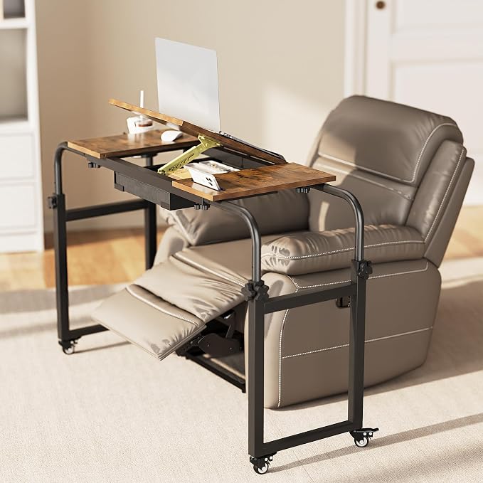 GiftGo Overbed Table with Wheels Rolling Laptop Desk Cart Table for Recliner Over Chair Adjustable for Hospital and Home Use Over The Bed Table with Storage Drawer and Cup Holder (Rustic Brown) - Image 3
