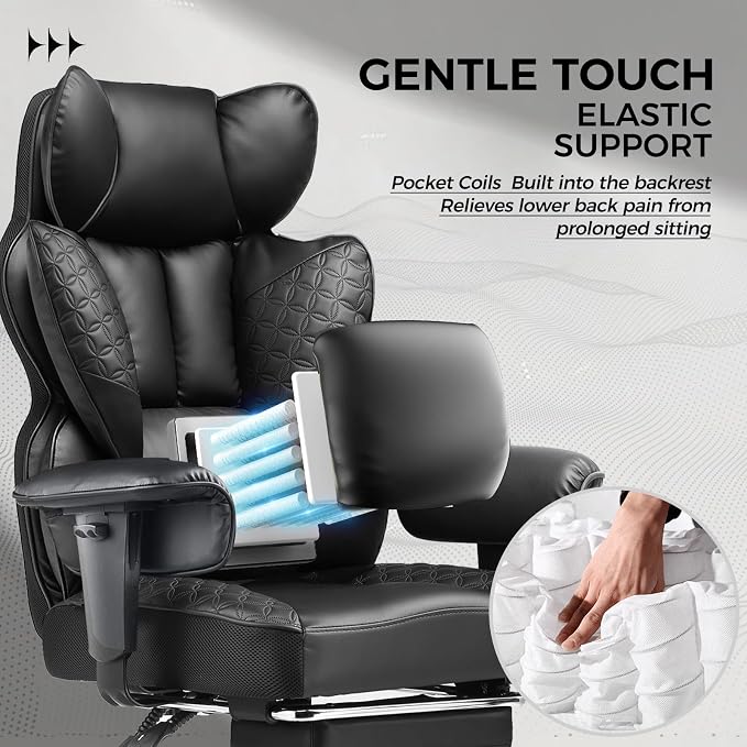 COMHOMA Big and Tall Office Chair Heavy Duty Wide Ergonomic Gaming Chair with Deluxe Embossing Designed Leather with Foot Rest,150°Reclining Adjustable Armrests Pocket Spring Back Support and Pillow - Image 4