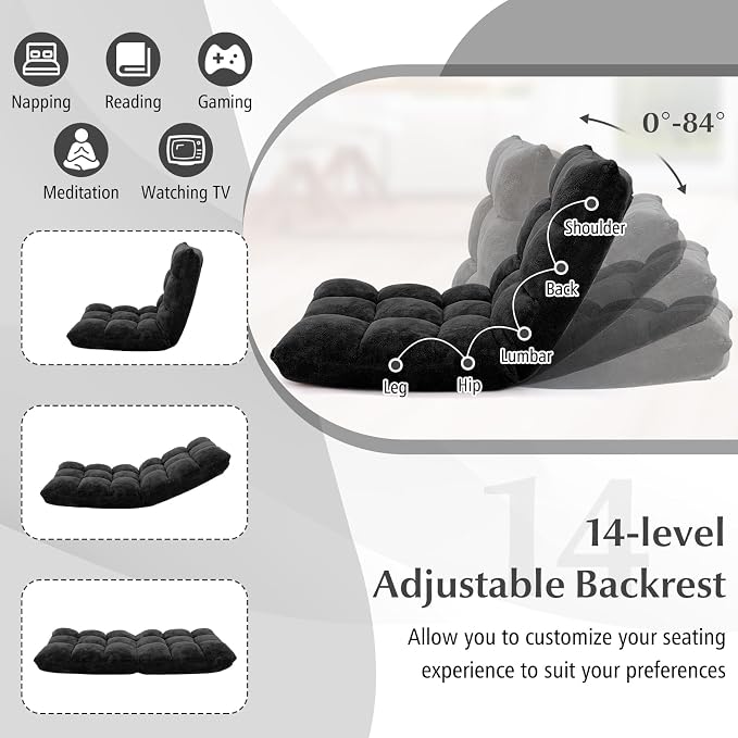 14-Position Floor Sofa, Folding Gaming Sofa Chair, Comfy Cushions & Study Steel Frame, Angle Adjustable Sleeper Bed, Couch Recliner (Black) - Image 4