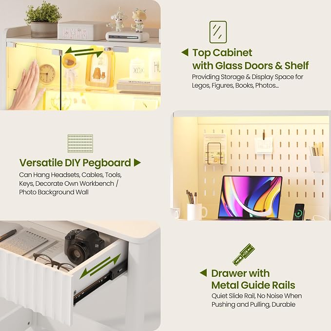 Lvifur LED Writing Desk with Hutch and Pegboard and Power Outlet (White) | Compact Study Desk with Display Shelf, 3 Color Lights, Adjustable Brightness, USB/Type-C&2 AC Outlets, Drawer wtih Metal Rail - Image 5