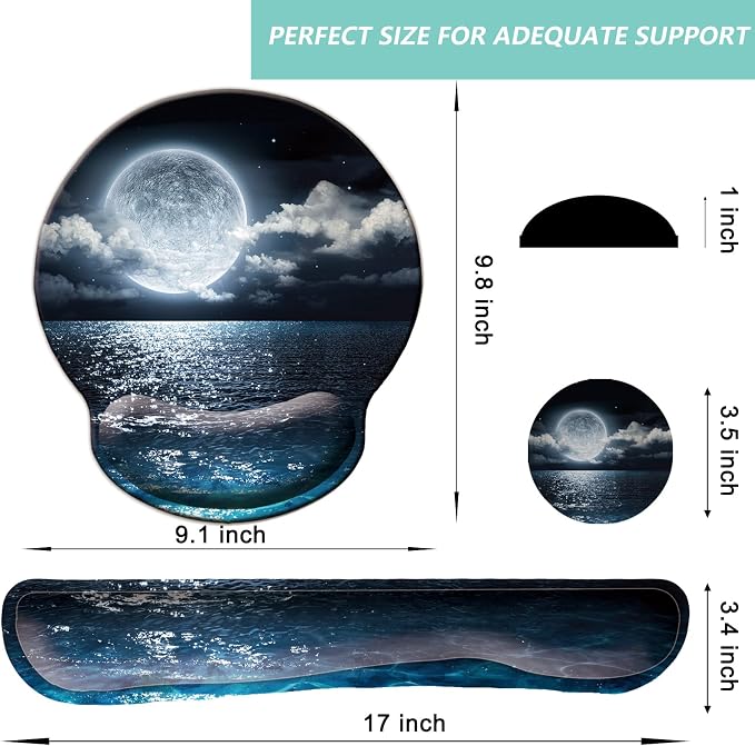Keyboard Wrist Rest Pad Mouse Pad with Wrist Support Set of 3, Mousepad with Non-Slip Rubber Base, Ergonomic Memory Foam Mouse Wrist Cushion Support for Home Office Laptop Computer, Moonlit Night - Image 5