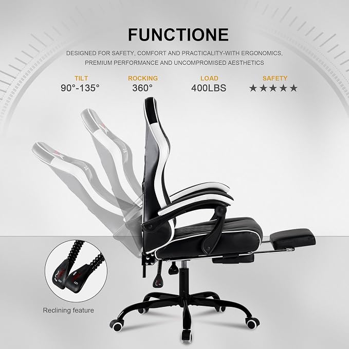 Gaming Chair for Adults with Footrest,White | Pocket Spring Cushion, Ergonomic Backrest Office Chair,PU Leather Lumbar Support and Headrest, Adjustable Height,Metal Base - Image 4