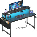 Lufeiya Black Gaming Desk with LED Lights and Power Outlets, 40 Inch Teen Writing Study Table Home Office Desks with Monitor Stand, Computer Desk with Charging Station USB Port, Black by LUFEIYA